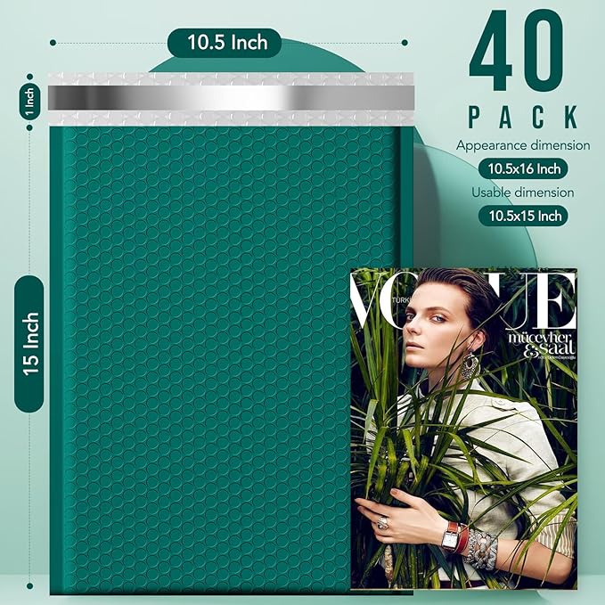 Fuxury Large Bubble Mailers 10.5x16" 40Pack Gift Wrap Padded Envelopes Opaque Mailing Envelopes Bubble Padded Cushion Padded Mailers for Packaging Small Business #5 Forest Green