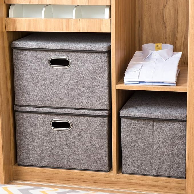 PRANDOM Large Collapsible Storage Containers with Lids [5-Pack] Linen Fabric Foldable Storage Bins Boxes Organizer Baskets Cube with Cover for Home Bedroom Closet Office Nursery (17.7x11.8x11.8)