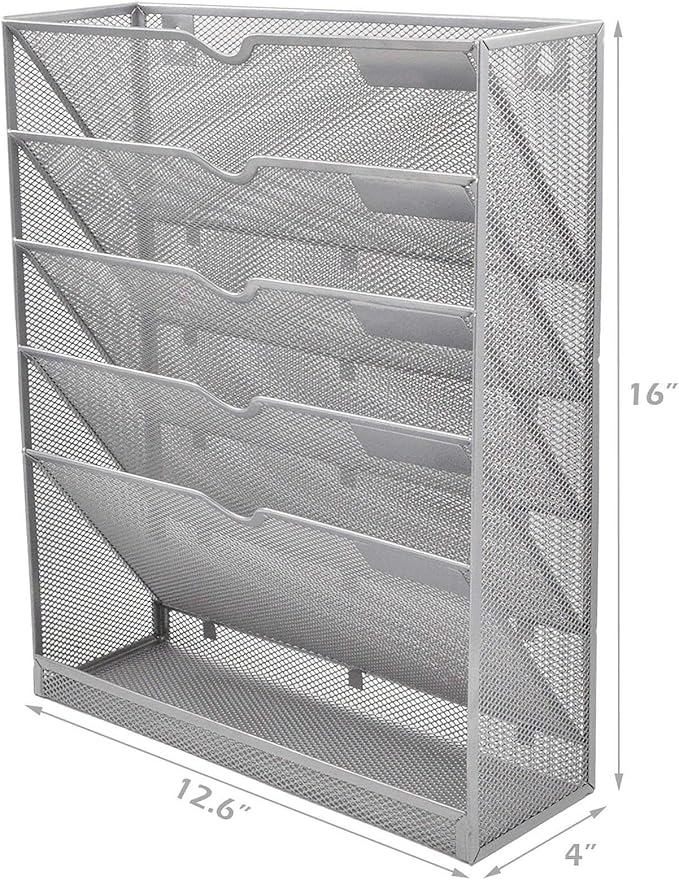 EASEPRES Mesh Wall File Organizer 6 Tier Vertical Mount Hanging Holder Magazine Rack with Bottom Flat Tray, Sides Closed, Silver