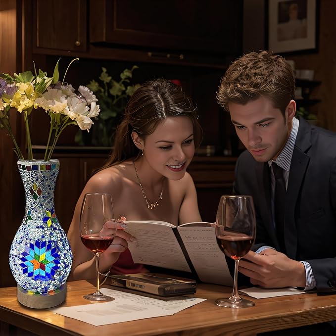 Turkish Moroccan Table Lamp Mosaic Vase Lamp Handmade Glass Vase with Wood Base Decorative Bedside Lighting for Bedroom, Living Room, Farmhouse - USB Plug