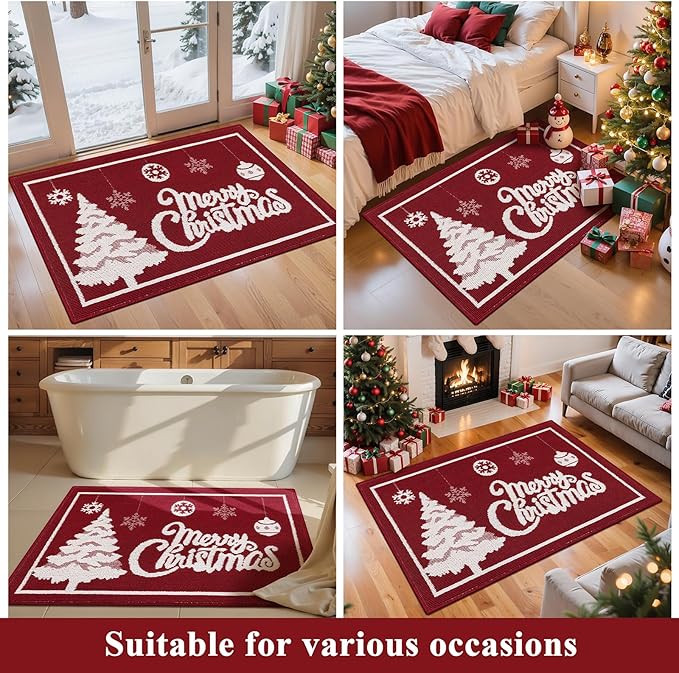 Christmas Doormat with Non Slip, Loop Pile Red and White Indoor Christmas Welcome Mat with Absorbent & Dirt-Trapping, Outdoor Christmas Tree Door Mat Front Porch Decor 32x48 Inch