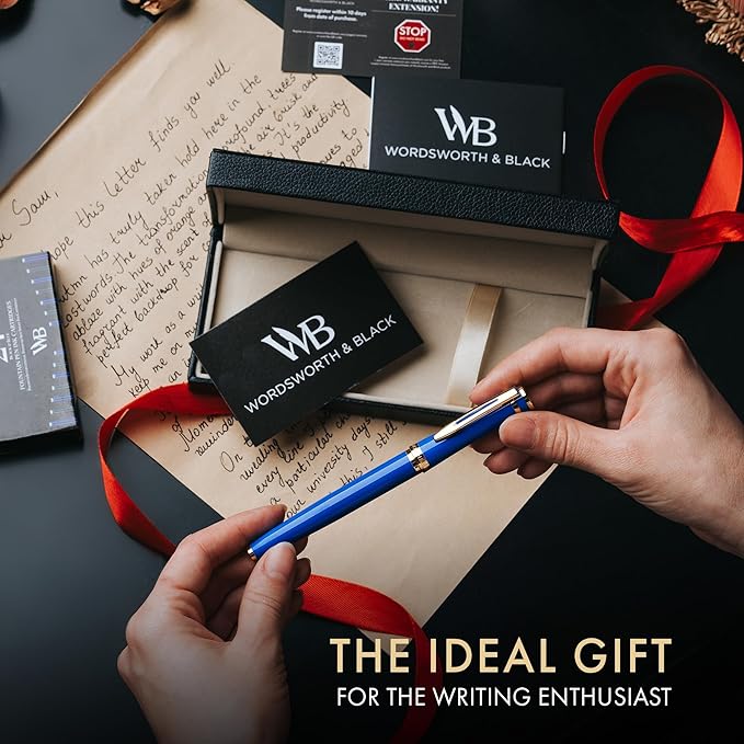 Wordsworth & Black Fountain Pen Set, 18K Gilded Extra Fine Nib, Includes 24 Pack Ink Cartridges, Ink Refill Converter & Gift Box, Gold Finish, Calligraphy, [Imperial Blue], Perfect for Men & Women