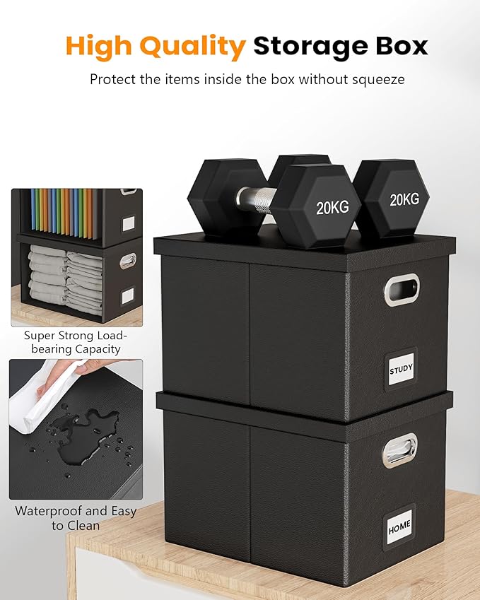 2 Pack File Storage Organizer Box, Portable Filing With Lid, Fit for Letter/Legal Folder Storage, Black (Leather)