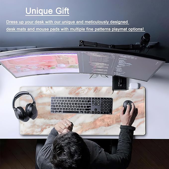 Cute Desk Mat Rose Gold Marble Mouse Pad Gaming XL Large Extended Desk Matt for Desktop Aesthetic Desk Pad, Laptop Keyboard Mouse Mat for Women Office Desk Decor Accessories Deskmat 31.5x11.8 in