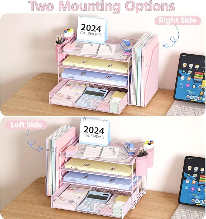 OPNICE Desk Organizer and Accessories, 4-Tier Desktop File Organizer with Drawer and 2 Pen Holders, Office Desk Accessories, File Sorters, Workspace Organizers for Office Supplies(Pink)