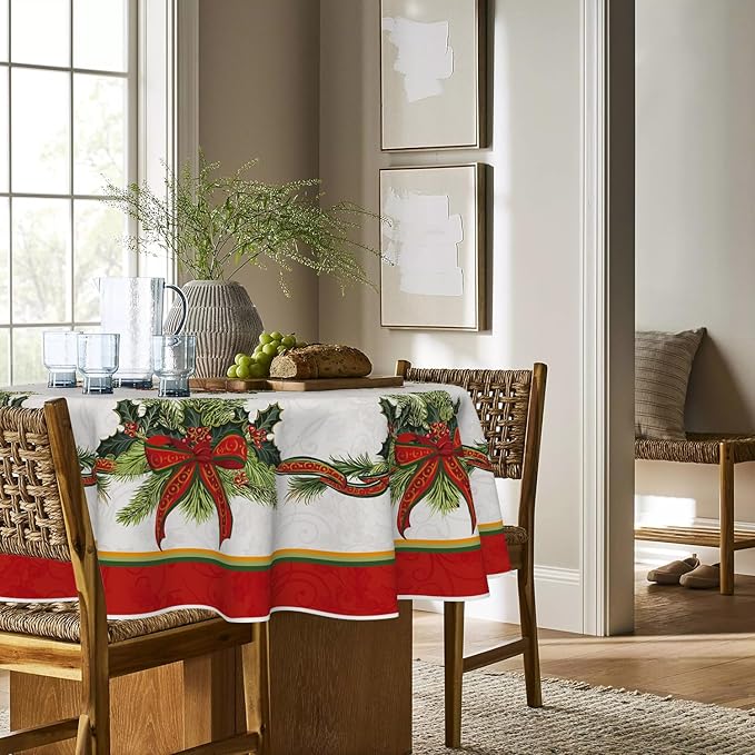 Horaldaily Christmas Tablecloth 70×70 Inch Round, Poinsettia Golden Ribbon Washable Table Cover for Party Picnic Dinner Decor