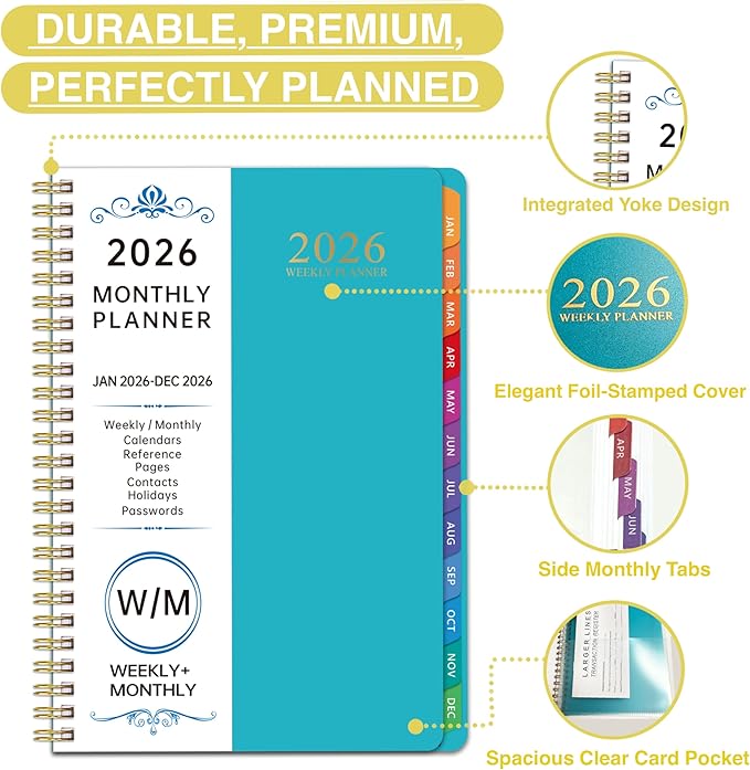 2026 WeeklyMonthlyand Yearly Planning Calendar with 8 Stickers, 6" x 8.25" Planner, Softcover, Spiral Bound, Laminated Labels, Laurel Series (Green)