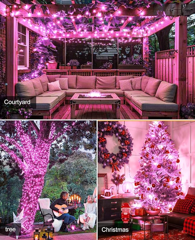 197FT 600 LED Christmas Lights Outdoor, Plug in Christmas Tree Lights 8 Modes, Waterproof Green Wire String Twinkle Lights for Indoor House Patio Garden Party Wedding Holiday Decorations, Pink