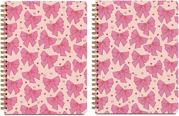 2 PCs Pink Bow Spiral Notebook Trendy Preppy Journaling Notebooks Cute Aesthetic Design Gifts for Women Teen Girls Note Books Journals for Writing Hardcover Notebook Office Classroom Supplies