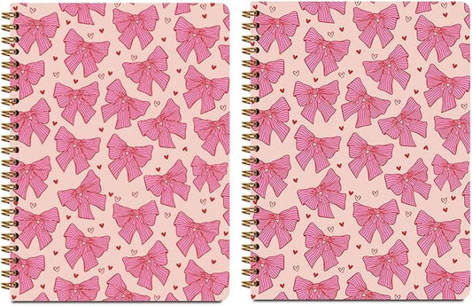 2 PCs Pink Bow Spiral Notebook Trendy Preppy Journaling Notebooks Cute Aesthetic Design Gifts for Women Teen Girls Note Books Journals for Writing Hardcover Notebook Office Classroom Supplies