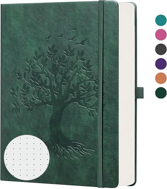 ZXHQ A5 Bullet Dotted Journal Notebook - 150 gsm Thick Paper, 256 Pages, Dot Grid Hardcover, Tree of Life Design, Fine Inner Pocket - 5.9" × 8.5" Dark Green