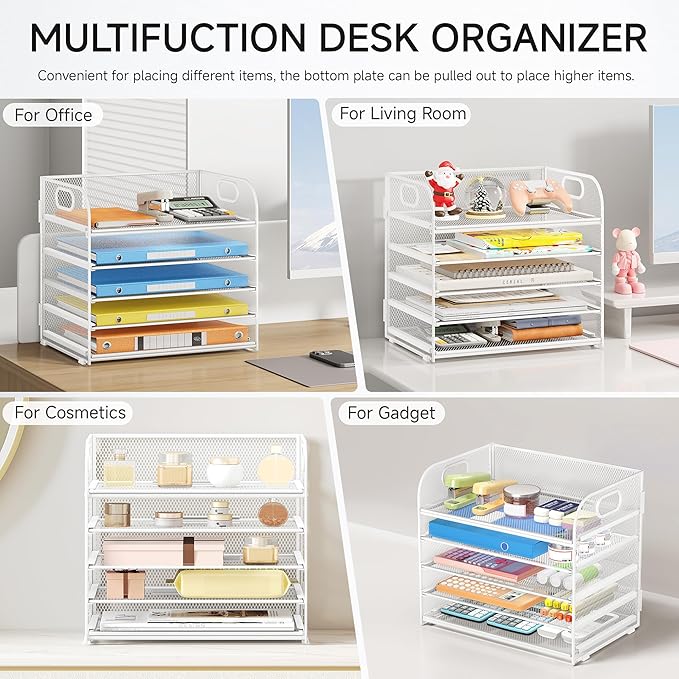 Lavatino 5 Tray Paper Organizer Letter Tray with Handle - Mesh Desk File Organizer, Paper Sorter Organizer for Office, Home or School File Folder Holder - White
