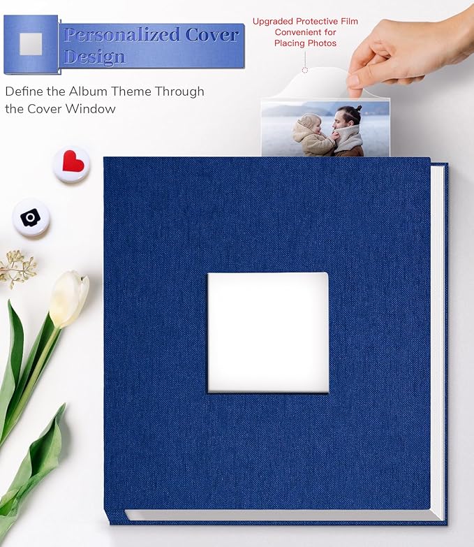 Photo Album Self Adhesive Scrapbook Album for 3x5 4x6 5x7 8x10 Pictures,120 Pages Linen Cover with Display Window DIY Photo Book,Ideal Gifts for Family Travel Wedding Baby