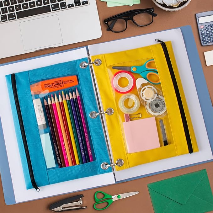 Pencil Pouch for 3 Ring Binder, 96 Pack Pencil Pouches with Zipper & Clear Window - 6 Assorted Color, Pencil Case Bulk for 3-Holes Binder, Multi-Purpose Storage Bag for Office, School Supplies (96)