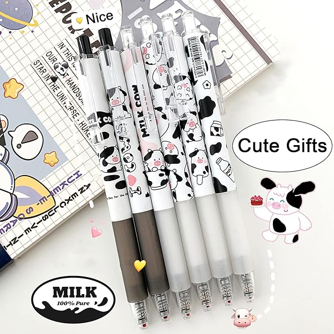 Cute Pens Kawaii 0.5mm Black Ink Gel Pens Fine Point Smooth Writing Ballpoint for Office School Supplies Nice Fun Gifts for Kids Girls Women Pens for Journaling, Pack of 6pcs (Little Milky Cow)