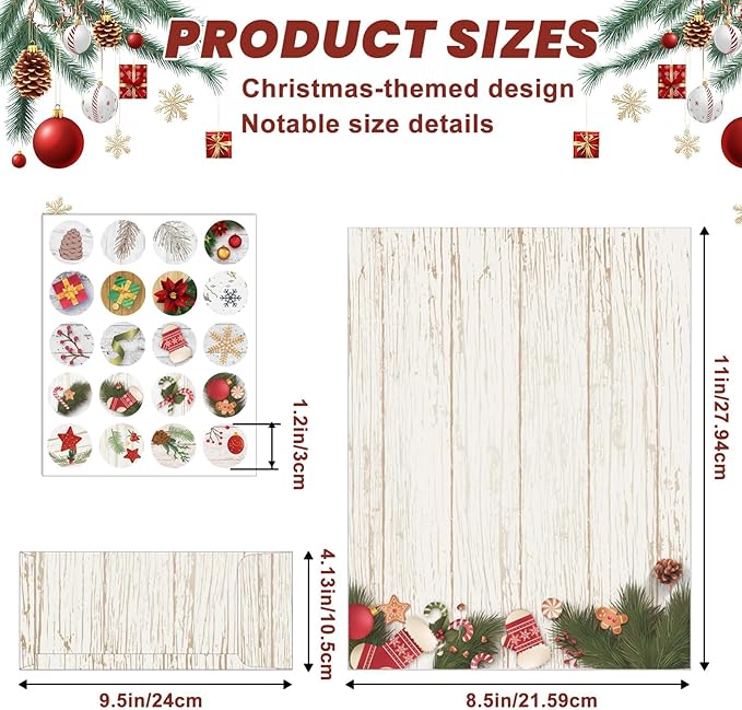 250Pcs Christmas Stationery Paper and Envelope Set with 100 Letterhead Papers and 50 Envelopes, 10 Design for Letter Writing Invitations Computer Holidays Party Notes, 8.5x11 Inch-Wood Grain