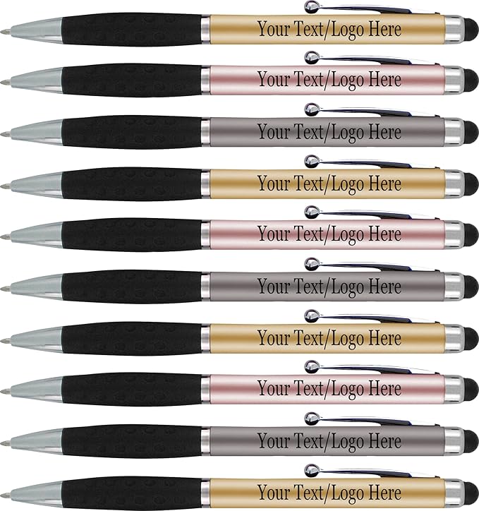 Personalized Pens With your Custom Logo or Text-600 Pack Bulk-for Businesses, Parties, and Events, 2 in 1 Ballpoint Pen & Stylus for Touchscreen Devices, Light Assorted Barrels, Black Ink