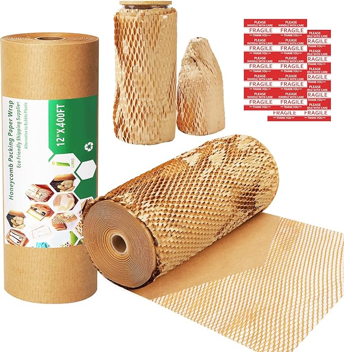Honeycomb Packing Paper Wrap 12"x400' Sustainable Alternative to Bubble Cushioning Wrap Biodegradable & Fully Recylable for Moving/Shipping/Packing Roll with 20 Fragile Stickers