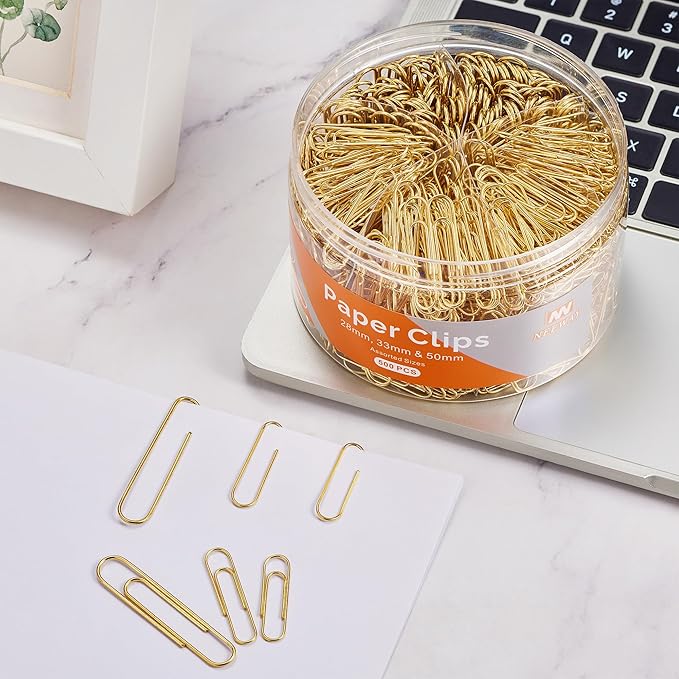 NEEWAY 500pcs Gold Paper Clips Assorted Sizes Small, Medium and Large Paperclips for Paperwork Ideal for Home, School and Office Use