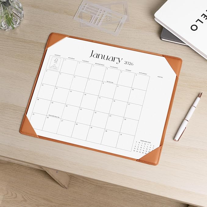 Simplified Desk Calendar 2026-2027 with Desktop Mat, Cabbrix Medium Desk Pad Calendar 15" x 12" Runs From January 2026 to June 2027, Desk Blotter Calendar for Home School and Office (Brown)