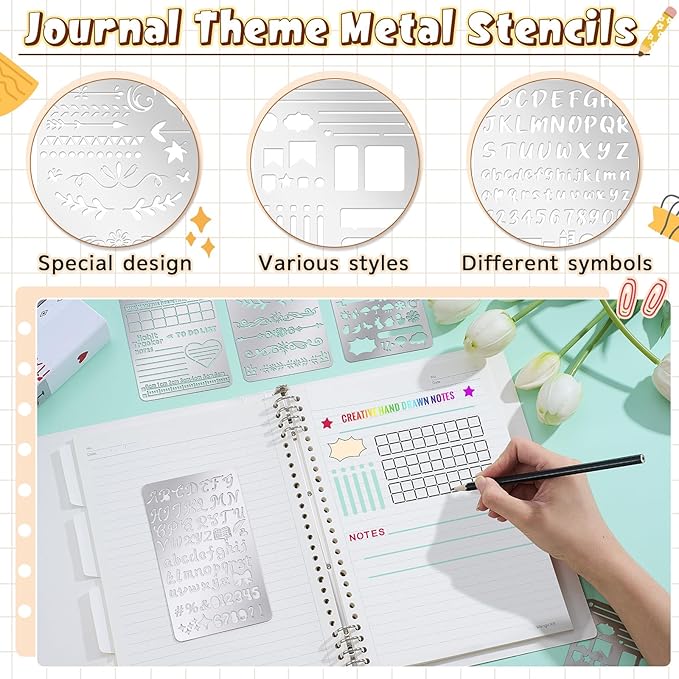 Lewtemi 6 Pcs Journal Metal Stencil Stainless Steel Stencil for Bullet Journaling Planner Stencils Wood Burning Templates for Carving Engraving Diary Draw Journals Scrapbook (Journal Style)