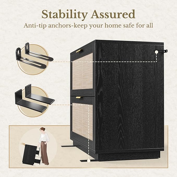 2 Drawer Rattan File Cabinet, 32'' Lateral File Cabinet for Legal/Letter/A4/F4 Size Hanging Files, Wood File Storage for Home Office, Black