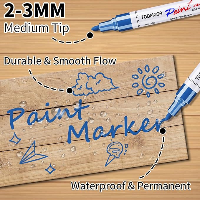 Permanent Paint Pens Blue Paint Markers 12 Pack Oil Based Markers, Quick Drying and Waterproof Marker Pen, Car Tire, Metal, Rock Painting, Wood, Plastic, Canvas, Craft Supplies for Adults