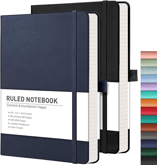 RETTACY Lined Journal Notebook, 2-Pack, 192 Numbered Pages per Pack, A5 Medium Size (5.7'' x 8.3''), for Men & Women, Writing, Work, Leather Hardcover, 100 GSM Thick Paper (Black & Navy Blue)