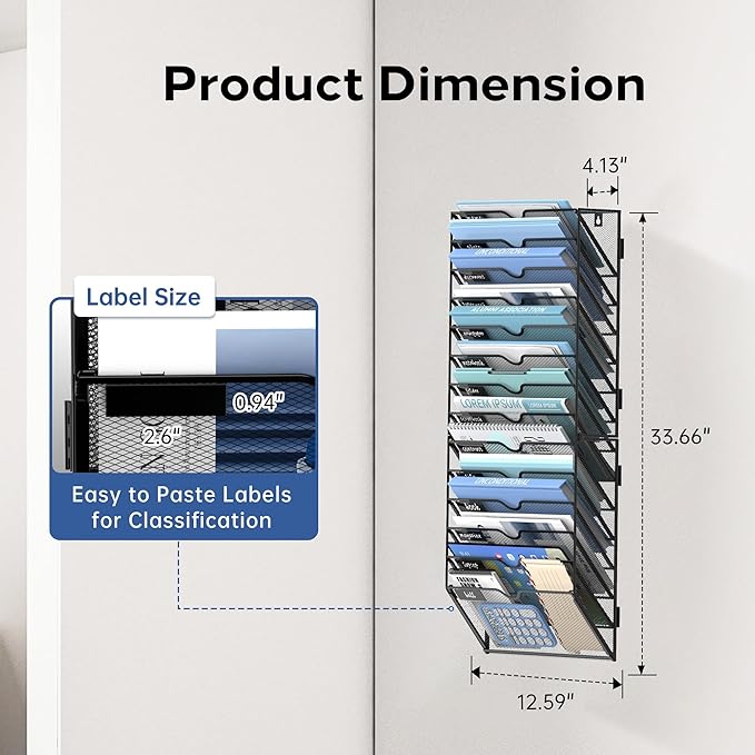 14 Tier Wall Hanging File Organizer, Paper Folder Holder Wall Mounted, Metal Mail Sorter for Office Home School, Black 2 Pack