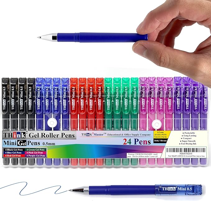 THINK2MASTER [24 Pens - 4 Black, 4 Blue, 4 Red, 4 Green, 4 Pink, 4 Purple Ink Think2 Pocketable Mini Gel Pens. Assorted Colors Fine Point (0.5mm) Small Rollerball Pens