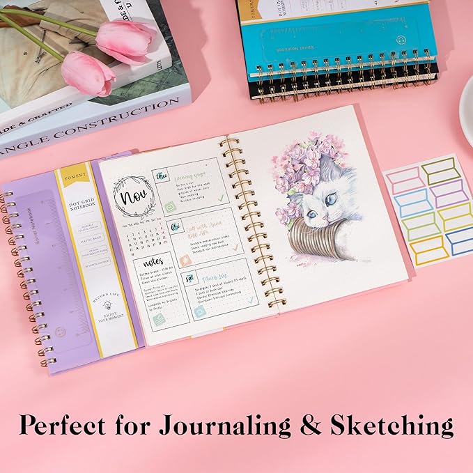 Dot Grid Spiral Notebook A5 Spiral Bullet Dotted Journal 160 Pages Thick Dot Paper Notebooks Plastic Hardcover Spiral Notebook 5x7 Wire Bound Notebooks for Note Taking School Office Supplies,Pink