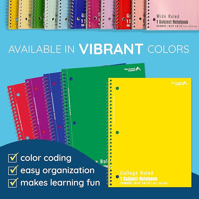 Blue Summit Spiral Notebooks Bulk, One Subject Spiral Notebook College Ruled, Perforated Notebook, 8 x 10.5 for Work and School, Paper, College Ruled, Bulk 48 Pack