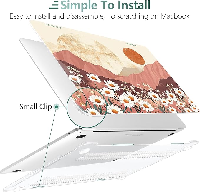 TWOLSKOO Compatible with MacBook Pro 13 inch Case 2023-2016 A2338 M2/M1 A2251 A2289 A2159 A1989 A1706, Plastic Hard Shell Cover & Keyboard Skin & Screen Protector, Mountains & Daisies