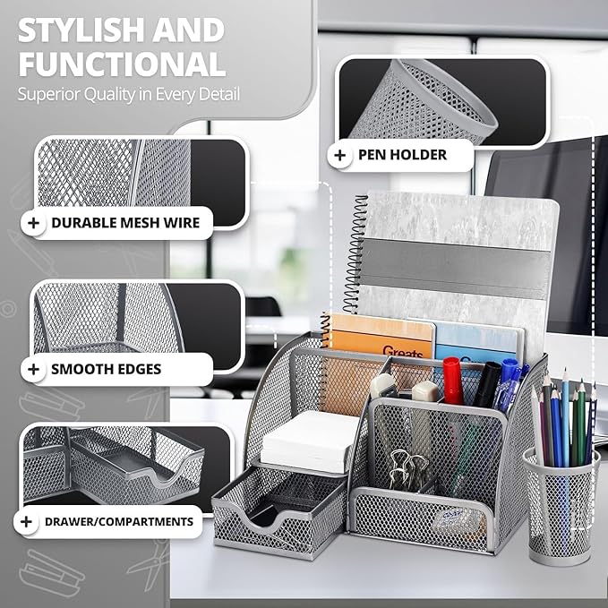 Flexzion Desk Caddy Organizer Set (Silver Gray) - Metal Mesh Desktop Caddy with Drawers, 6 Compartments, and Pencil Holder for Women & Men - Desktop Organizer and Storage for Work or Office Supplies