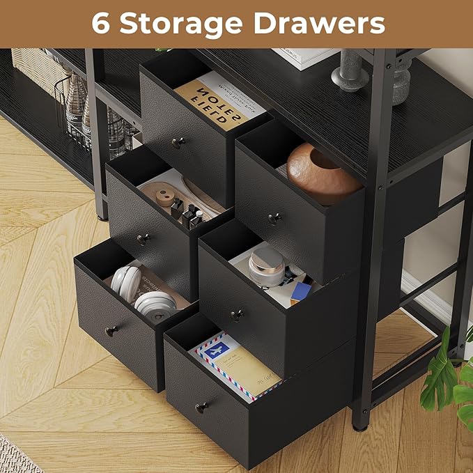 Corner Bookshelf, 6 Tier Industrial Convertible Bookshelf with 6 Fabric Drawers, Corner Bookcase Large L Shaped Storage Display Shelf for Home Office, Living Room, Kitchen, Black