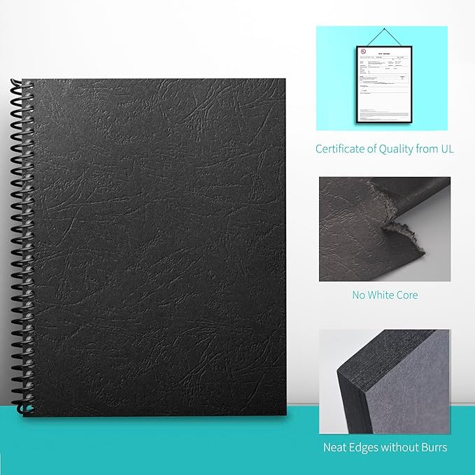 Binditek 25 Pack 16 Mil Grain-Texture Paper Binding Presentation Covers, 8.5 x 11 Inches, 110lb, Un-Punched, Letter Size, Black, Office Supplies