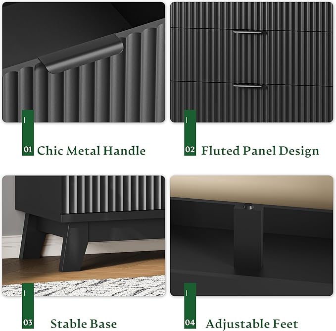 Fluted Dresser with 7 Drawers, 58" Wide Wood Chest of Drawers with Metal Handle, Wooden Dresser TV Stand, Modern Closet Clothes Storage Organizer for Bedroom, Living Room, Hallway, Solid Black