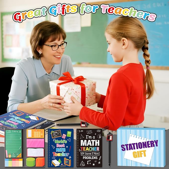 B1ykin Stationery Gift Set - 3Pcs Notebook Sticky Notes, A5 Spiral Notebooks & 550 Sheets Cute Sticky Notes with Pens Kit for Office School Teacher Thanksgiving Supplies (Math Teacher)