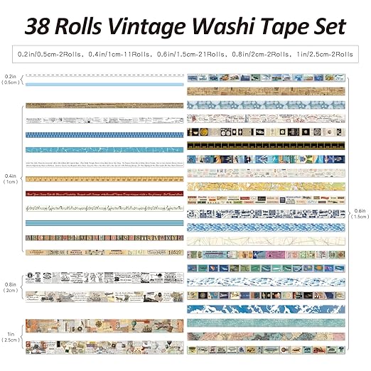 38 Rolls Vintage Washi Tape Set, Vintage Travel Stamp Map Scenery Art Letter Writable Decorative Tapes for Scrapbooking , Junk Journal Supplies, Bullet Journaling 5-25mm Wide 9.84ft long/Roll