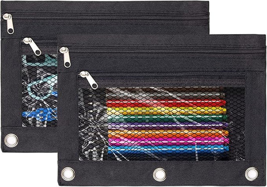 3 Ring Binder Pencil Pouchs, Zippered Pencil Pouch Double Pocket Pencil Pouch 3 Ring with Clear Mesh Window (Black 2pack)