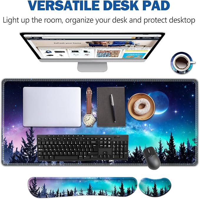 AIMSA Large Gaming Mouse Pad Set, Keyboard Wrist Rest Support + Extended Mouse Pad + Mouse Wrist Cushion + Coaster, Ergonomic Memory Foam Multifunctional Desk Mat 35x15.7inch (Forest Moon Sky)