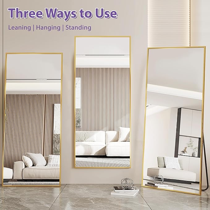 Full Length Mirror, 71"x28" Oversized Floor Mirror Freestanding, Full Body Mirror Floor Standing Mirrors with Stand, Hanging Mounted Mirrors for Bedroom Living Room, Gold, Rect Style