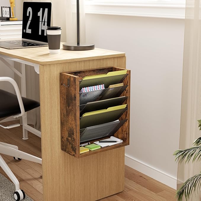 Hanging Wall File Organizer, 6 Tier Wood Wall File Holder with 2 Hooks, Mail Organizer Wall Mounted with Bottom Flat Tray, Vertical Paper Desk Storage for Office, Home, Rustic Brown
