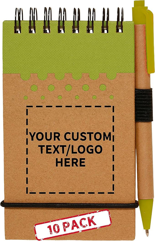 DISCOUNT PROMOS 10 Recyclable Spiral Small Notebooks Pack - Customizable Text, Logo - 60 Lined Pages - Lime Green