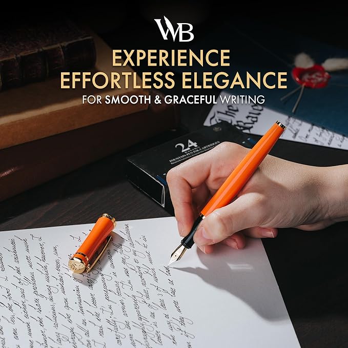Wordsworth & Black Fountain Pen Set, 18K Gilded Medium Nib, Includes 24 Pack Ink Cartridges, Ink Refill Converter & Gift Box, Gold Finish, Calligraphy, [Orange], Perfect for Men & Women