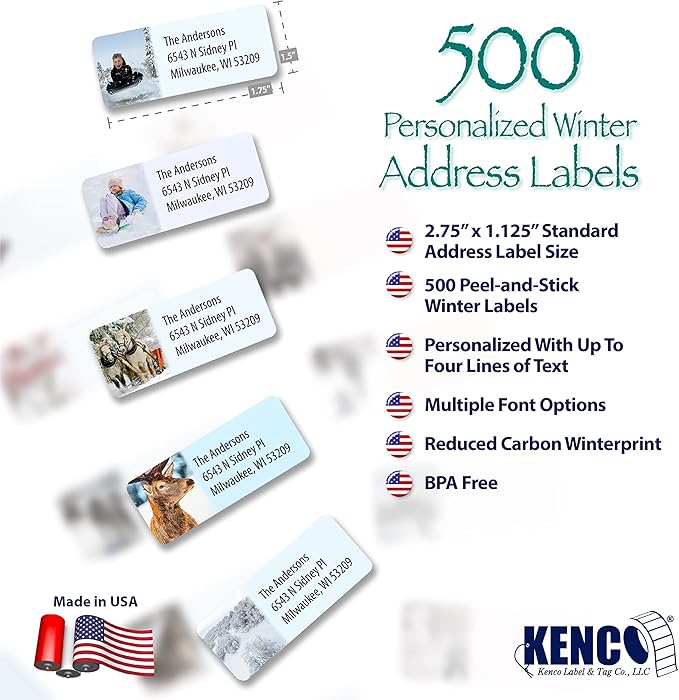 Customized Personalized Winter Holiday Address Labels - Made in The USA by Kenco (500 Labels, Winter)