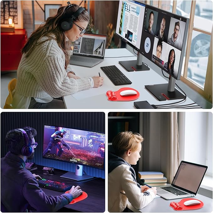 Mouse Pad with Gel Wrist Rest, Ergonomic Comfortable Computer Wrist Support for Laptop, Pain Relief Mousepad with Non-Slip PU Base for Office & Home Red