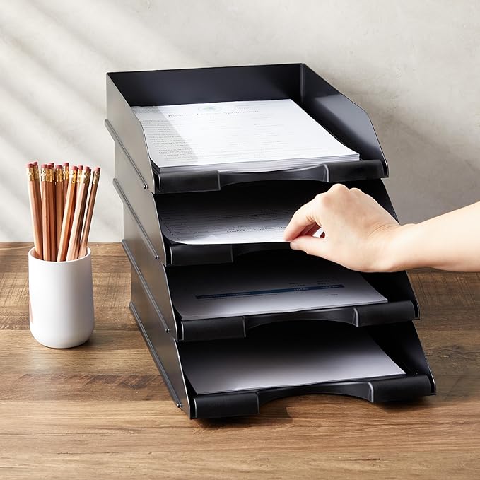 Stockroom Plus Letter Trays - 4-Pack, Black, 10 x 13.5 x 2.5 in - Stackable Paper Trays & Desktop File Organizer - Mail Organizer & Document Storage
