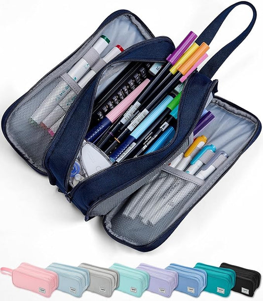 Pencil Case Pouch Box Bag School Supplies Girls Boys Kids, Cute Preppy Stuff Big Capacity Aesthetic Pen Organizer, Back to College Stationary, Navy Blue, Extra Large Style, 2300ml
