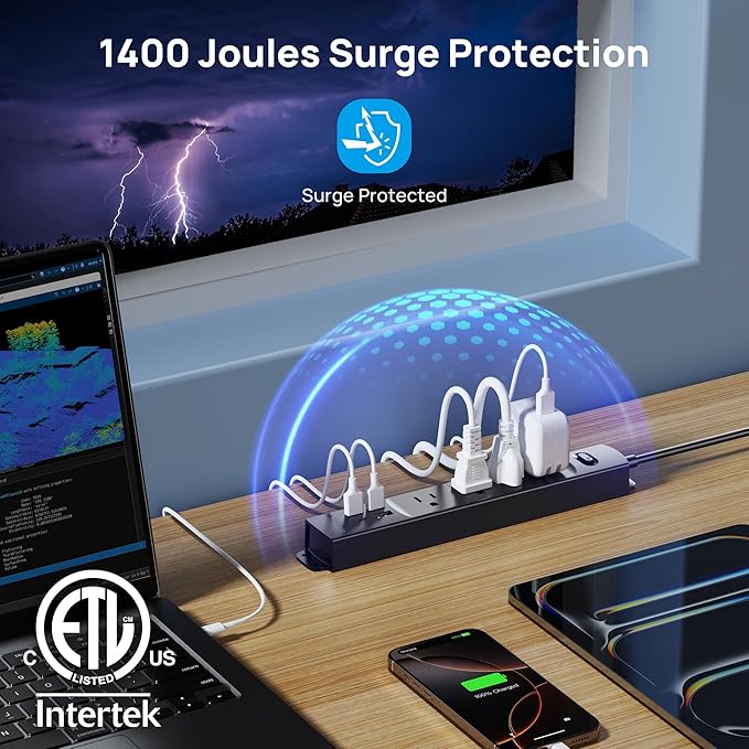 TROND Surge Protector Power Strip with USB, Ultra Thin Flat Plug 3ft Extension Cord 1625W, 3 USB A & 1 Type C, 4 AC Outlets 1440J Surge Protection, ETL Listed, Wall Mount for Home Office Dorm, Black